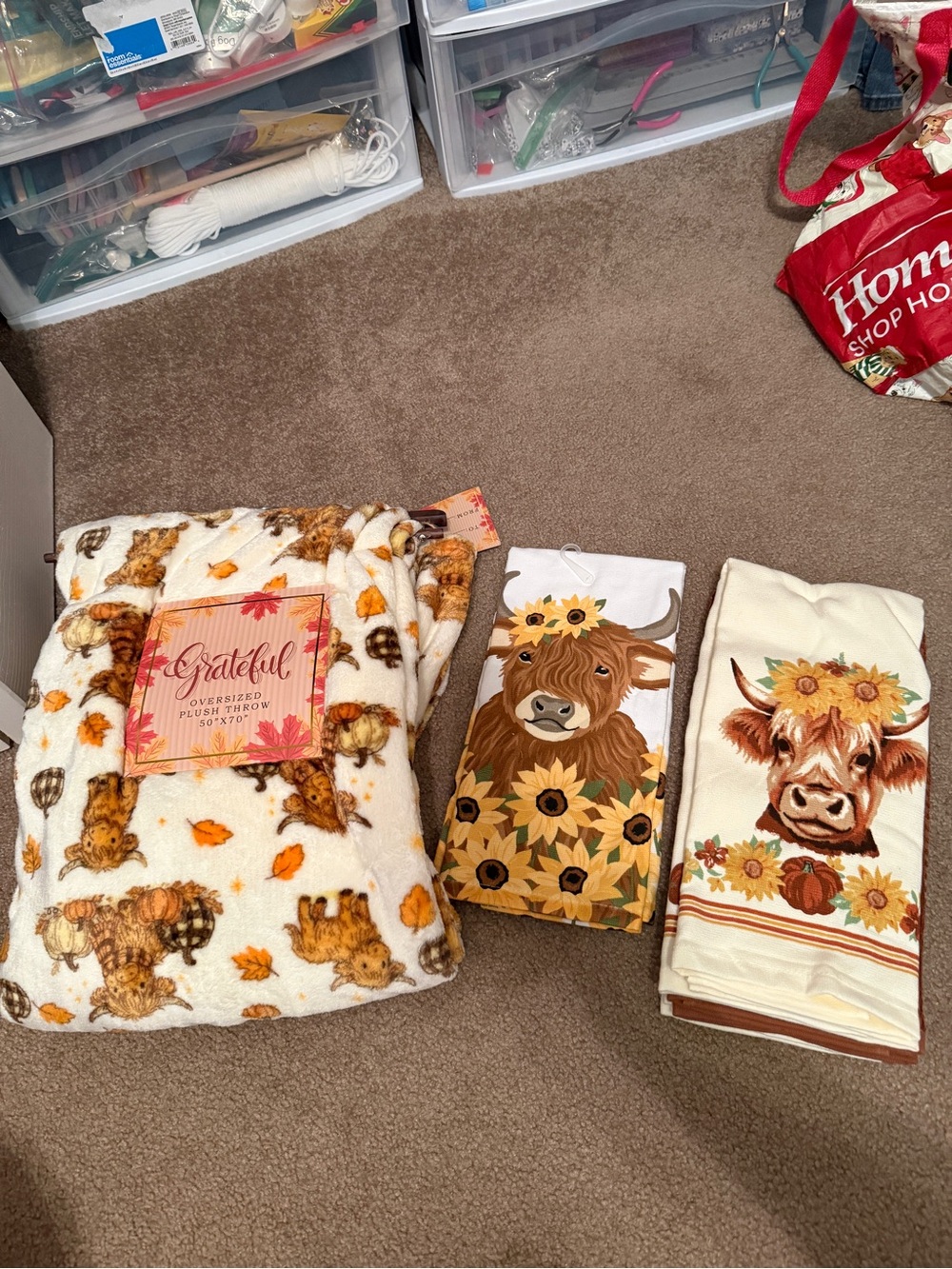 NWT Highland Cow Oversized Plush Throw Blanket and Matching Dish Towels